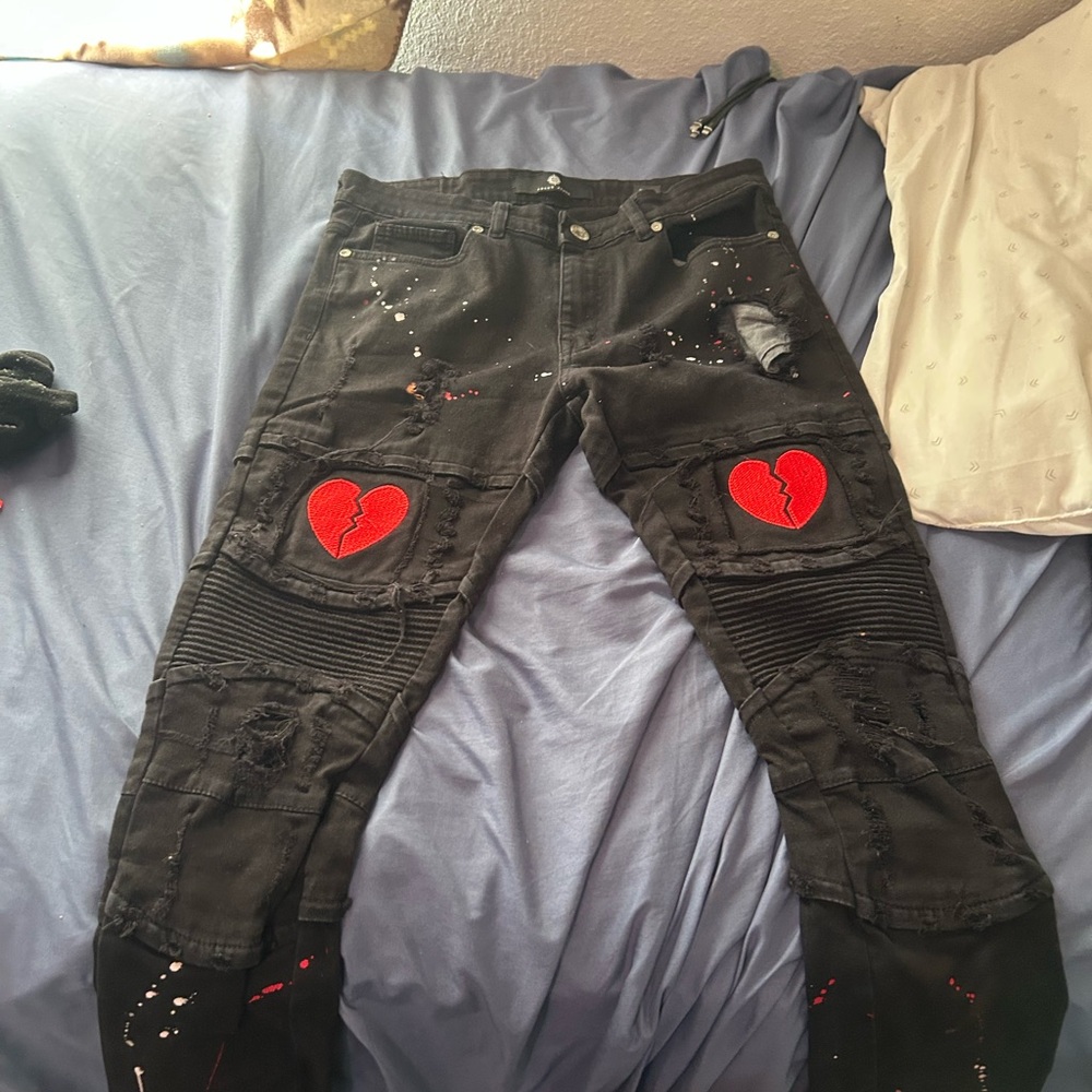Black Jeans with Red Heart Patches